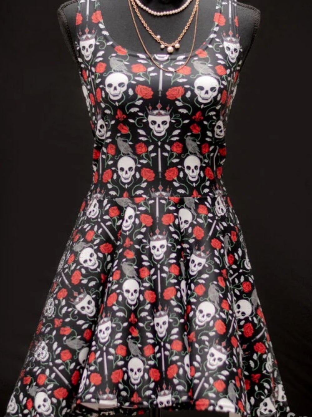 Spooky Cat Skull & Roses Skater Dress Size L